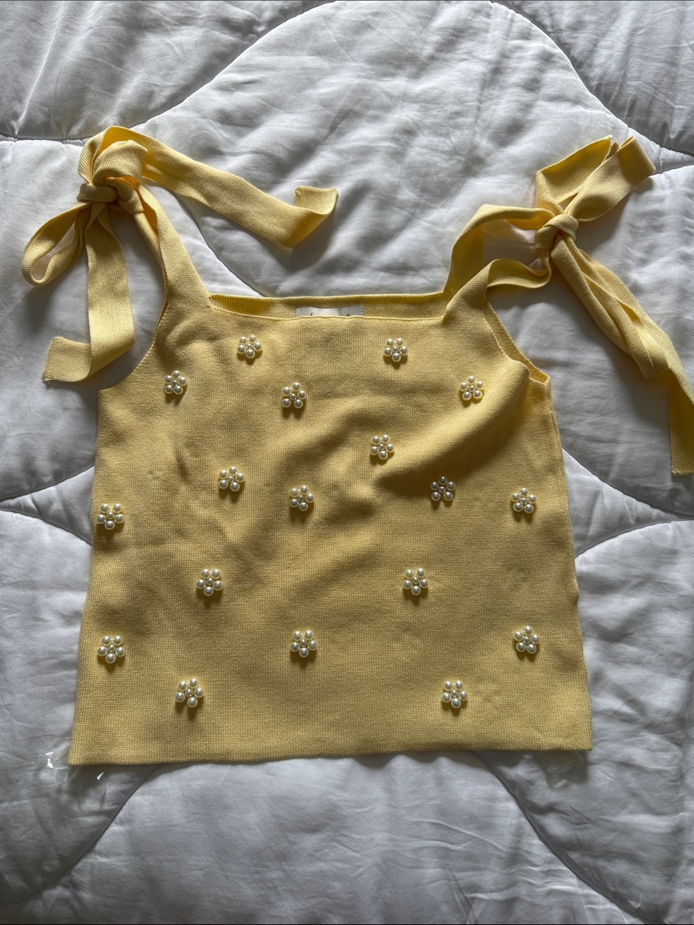 Francesca's Collections Yellow Pearl-Embellished Tie-Shoulder Tank